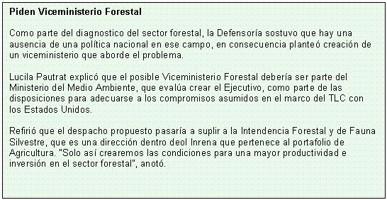 Cuadro de texto: Piden Viceministerio Forestal

Como parte del diagnostico del sector forestal, la Defensoría sostuvo que hay una ausencia de una política nacional en ese campo, en consecuencia planteó creación de un viceministerio que aborde el problema.

Lucila Pautrat explicó que el posible Viceministerio Forestal debería ser parte del Ministerio del Medio Ambiente, que evalúa crear el Ejecutivo, como parte de las disposiciones para adecuarse a los compromisos asumidos en el marco del TLC con los Estados Unidos.

Refirió que el despacho propuesto pasaría a suplir a la Intendencia Forestal y de Fauna Silvestre, que es una dirección dentro deol Inrena que pertenece al portafolio de Agricultura. “Solo así crearemos las condiciones para una mayor productividad e inversión en el sector forestal”, anotó.

